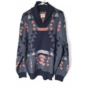 Sun+ stone mens xl sweater pullover shawl collar neck blue Aztec